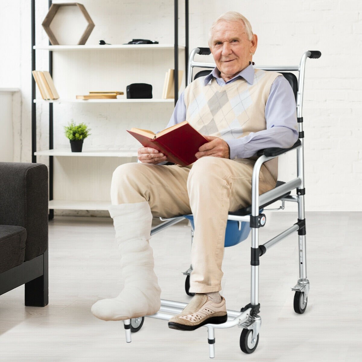 2-in-1 Aluminum Commode Shower Wheelchair with Locking Casters, Black Walkers & Rollators   at Gallery Canada