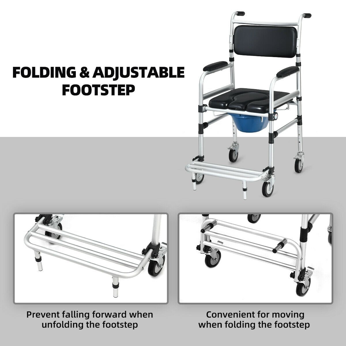 2-in-1 Aluminum Commode Shower Wheelchair with Locking Casters, Black Walkers & Rollators   at Gallery Canada