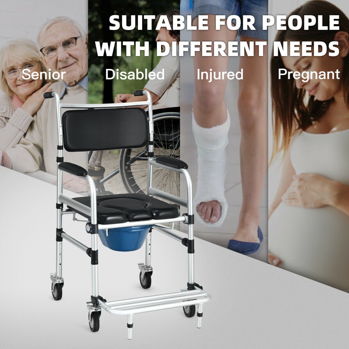 2-in-1 Aluminum Commode Shower Wheelchair with Locking Casters, Black Walkers & Rollators   at Gallery Canada