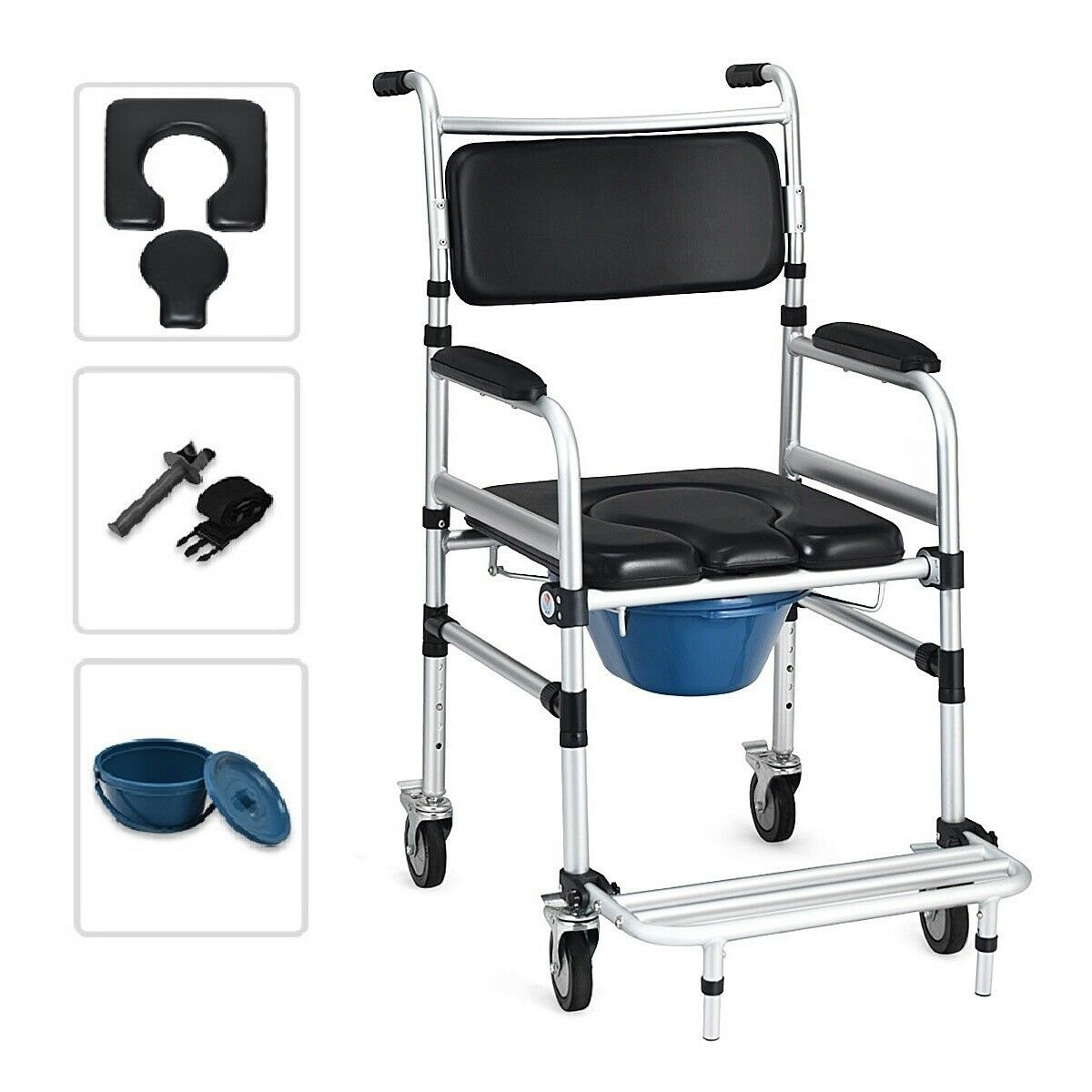 2-in-1 Aluminum Commode Shower Wheelchair with Locking Casters, Black Walkers & Rollators   at Gallery Canada