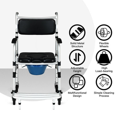 2-in-1 Aluminum Commode Shower Wheelchair with Locking Casters, Black Walkers & Rollators   at Gallery Canada