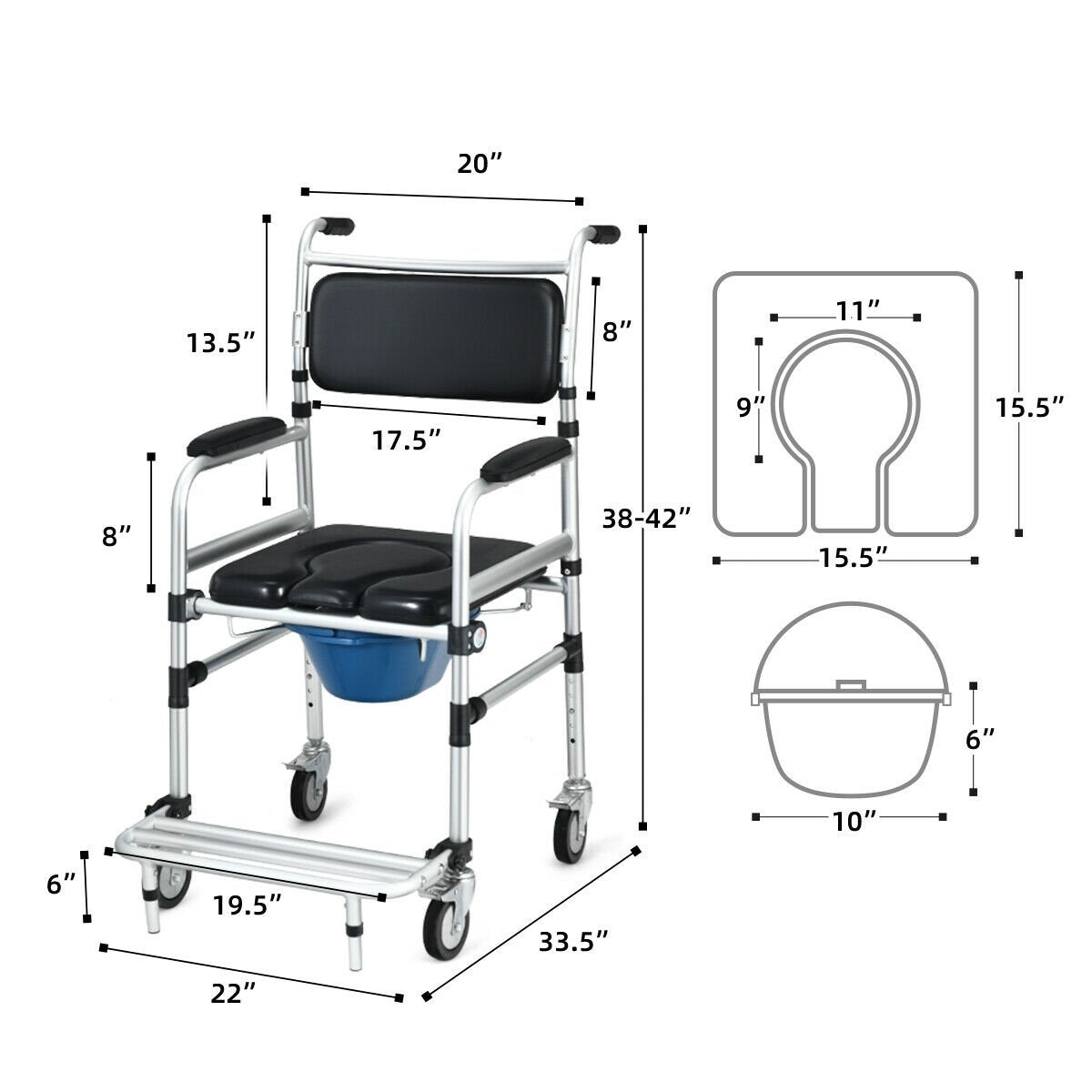 2-in-1 Aluminum Commode Shower Wheelchair with Locking Casters, Black Walkers & Rollators   at Gallery Canada