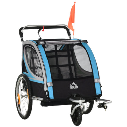 2-in-1 Bike Trailer for Kids 2 Seater, Baby Stroller with Brake, Storage Bag, Safety Flag, Reflectors &; 5 Point Harness, Blue Kids Bike Trailers Blue  at Gallery Canada