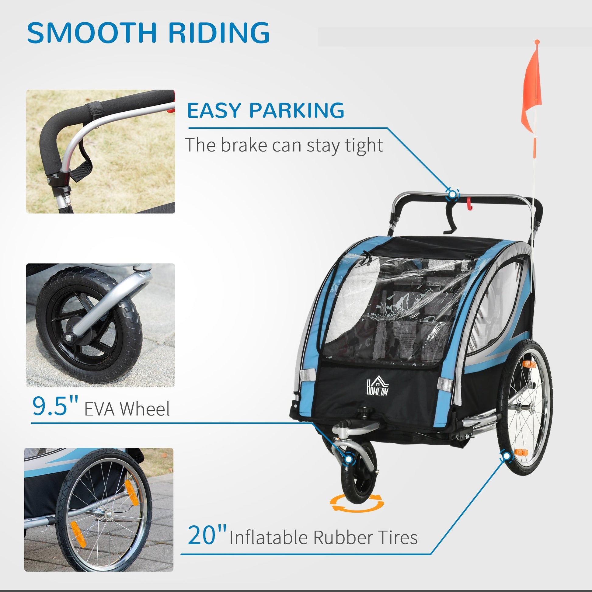 2-in-1 Bike Trailer for Kids 2 Seater, Baby Stroller with Brake, Storage Bag, Safety Flag, Reflectors &; 5 Point Harness, Blue Kids Bike Trailers   at Gallery Canada