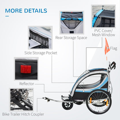 2-in-1 Bike Trailer for Kids 2 Seater, Baby Stroller with Brake, Storage Bag, Safety Flag, Reflectors &; 5 Point Harness, Blue Kids Bike Trailers   at Gallery Canada