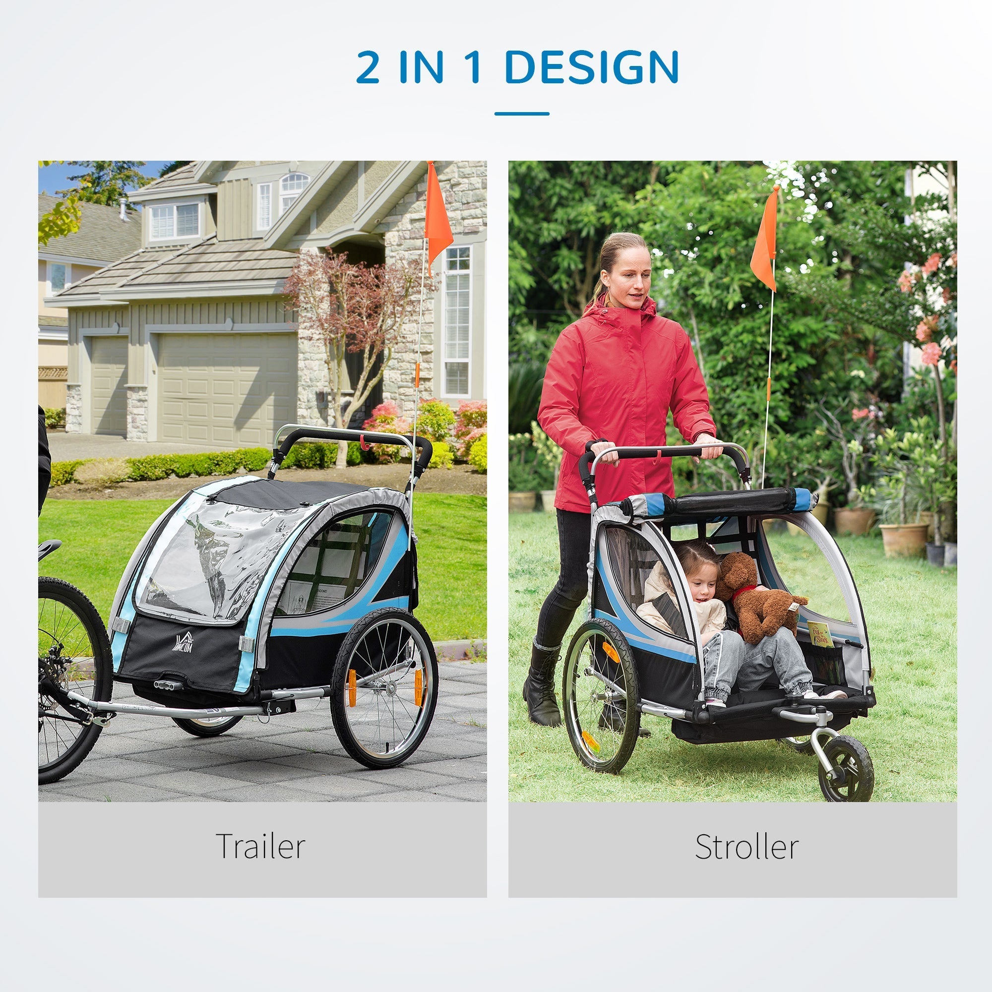 2-in-1 Bike Trailer for Kids 2 Seater, Baby Stroller with Brake, Storage Bag, Safety Flag, Reflectors &; 5 Point Harness, Blue Kids Bike Trailers   at Gallery Canada