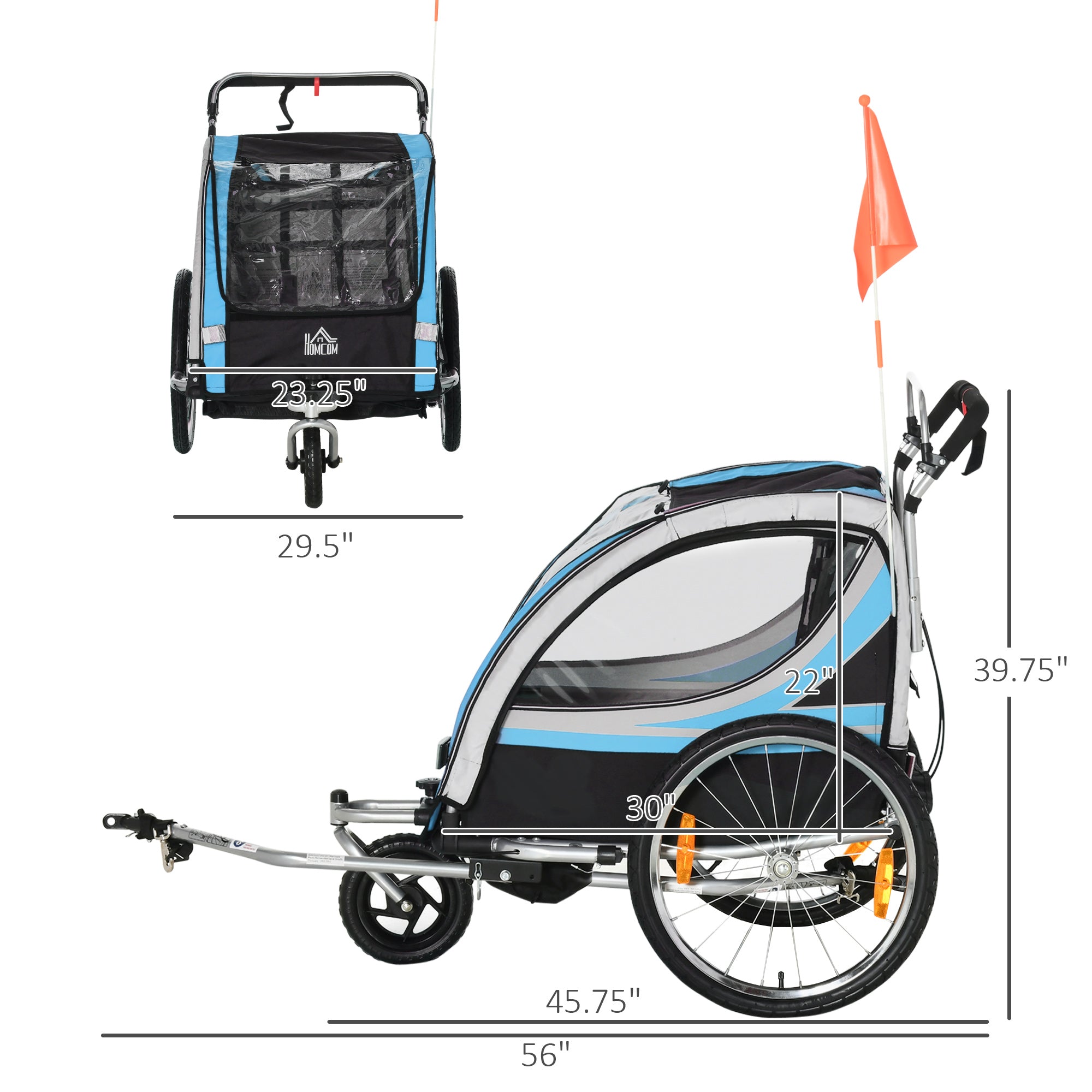 2-in-1 Bike Trailer for Kids 2 Seater, Baby Stroller with Brake, Storage Bag, Safety Flag, Reflectors &; 5 Point Harness, Blue Kids Bike Trailers   at Gallery Canada