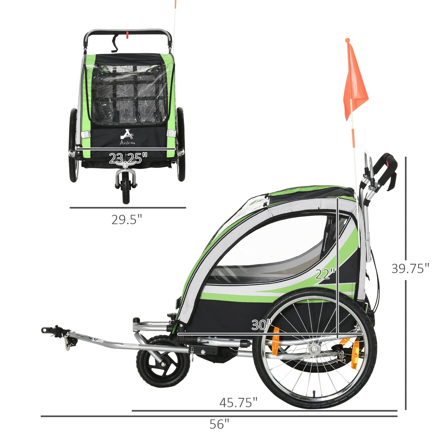 2-in-1 Bike Trailer for Kids 2 Seater, Baby Stroller with Brake, Storage Bag, Safety Flag, Reflectors &; 5 Point Harness, Green Kids Bike Trailers   at Gallery Canada