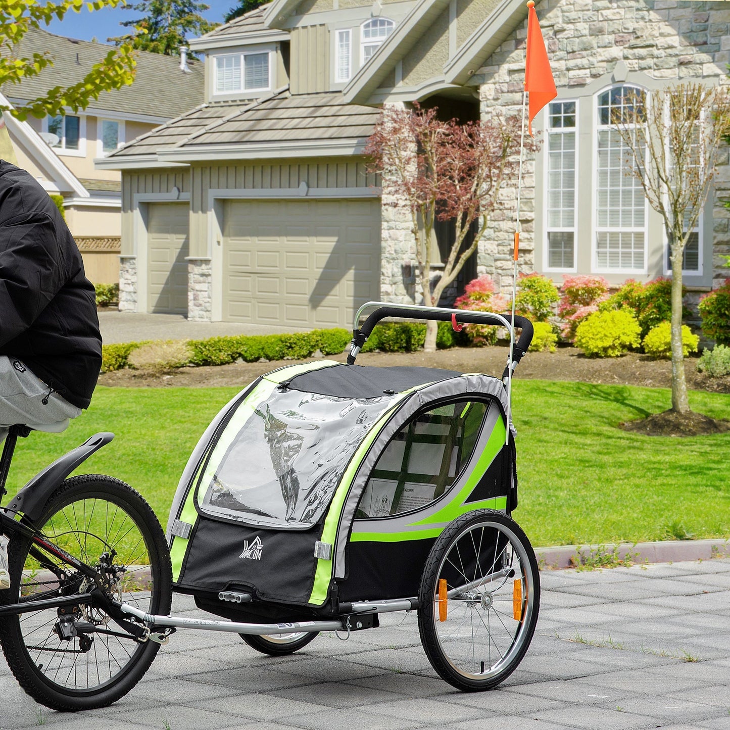 2-in-1 Bike Trailer for Kids 2 Seater, Baby Stroller with Brake, Storage Bag, Safety Flag, Reflectors &; 5 Point Harness, Green Kids Bike Trailers   at Gallery Canada