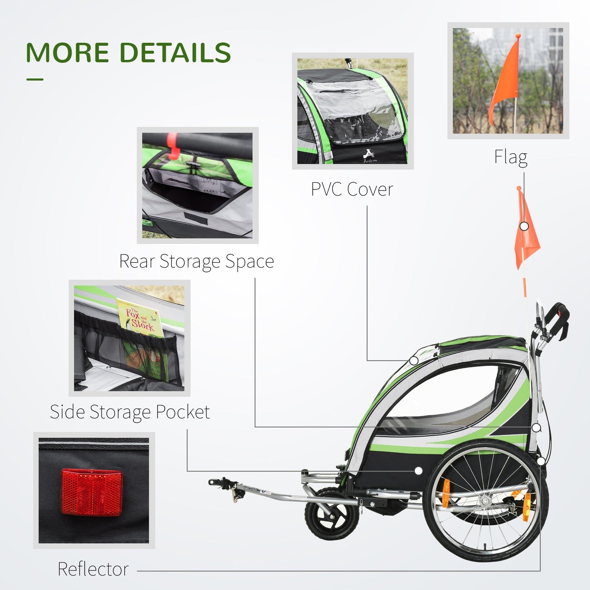 2-in-1 Bike Trailer for Kids 2 Seater, Baby Stroller with Brake, Storage Bag, Safety Flag, Reflectors &; 5 Point Harness, Green Kids Bike Trailers   at Gallery Canada