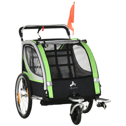 2-in-1 Bike Trailer for Kids 2 Seater, Baby Stroller with Brake, Storage Bag, Safety Flag, Reflectors &; 5 Point Harness, Green Kids Bike Trailers Green  at Gallery Canada