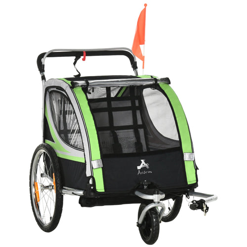 2-in-1 Bike Trailer for Kids 2 Seater, Baby Stroller with Brake, Storage Bag, Safety Flag, Reflectors &; 5 Point Harness, Green