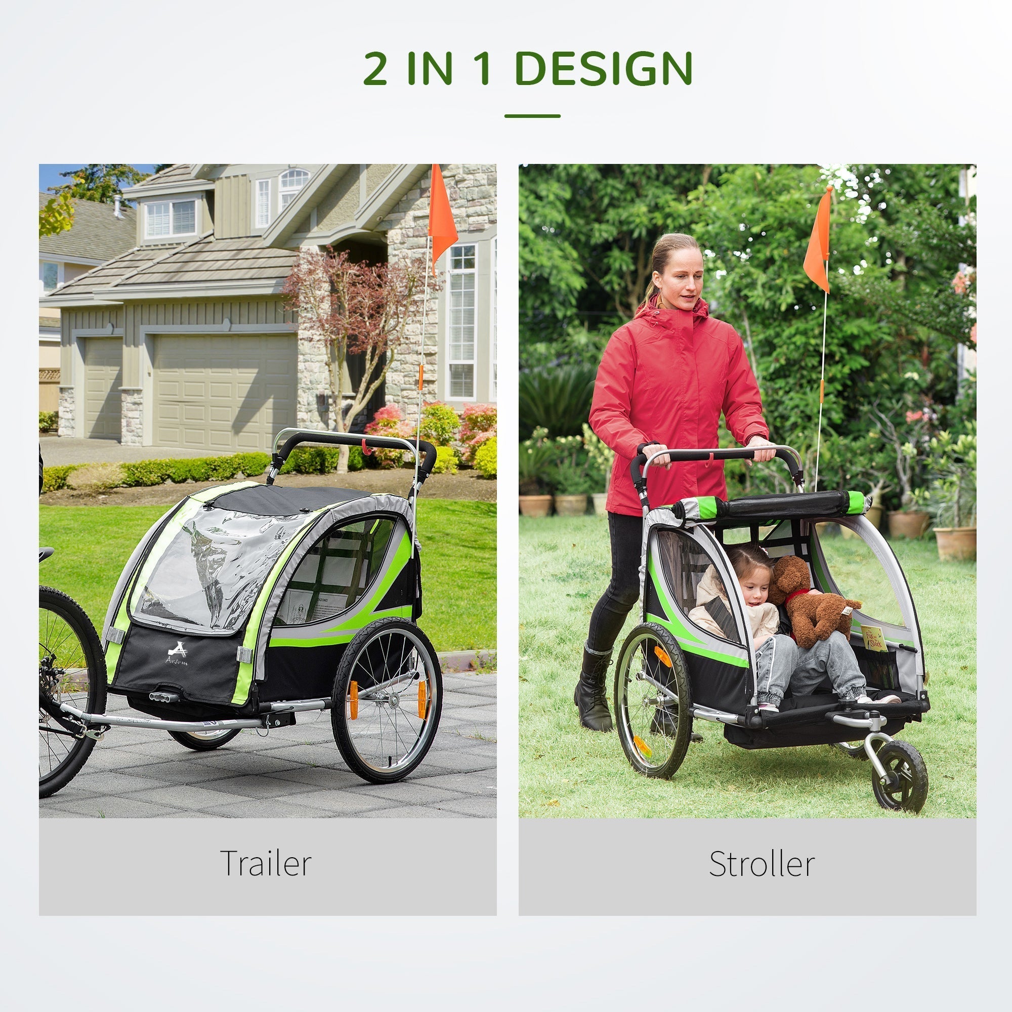 2-in-1 Bike Trailer for Kids 2 Seater, Baby Stroller with Brake, Storage Bag, Safety Flag, Reflectors &; 5 Point Harness, Green Kids Bike Trailers   at Gallery Canada