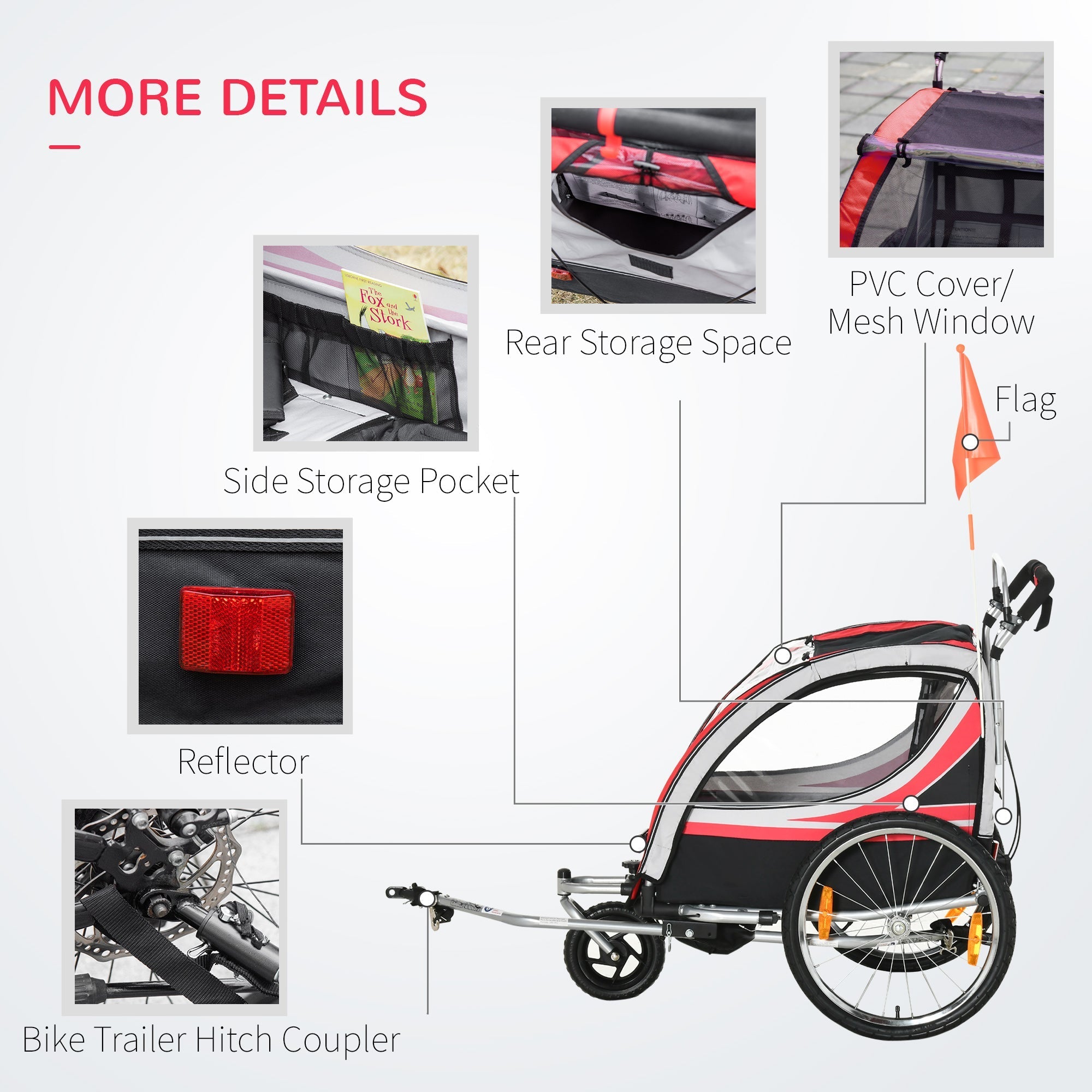 2-in-1 Bike Trailer for Kids 2 Seater, Baby Stroller with Brake, Storage Bag, Safety Flag, Reflectors &; 5 Point Harness, Red Kids Bike Trailers   at Gallery Canada