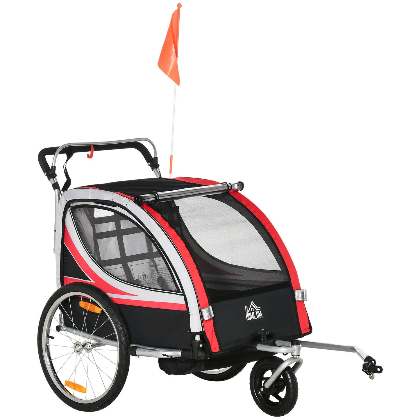 2-in-1 Bike Trailer for Kids 2 Seater, Baby Stroller with Brake, Storage Bag, Safety Flag, Reflectors &; 5 Point Harness, Red Kids Bike Trailers Red  at Gallery Canada