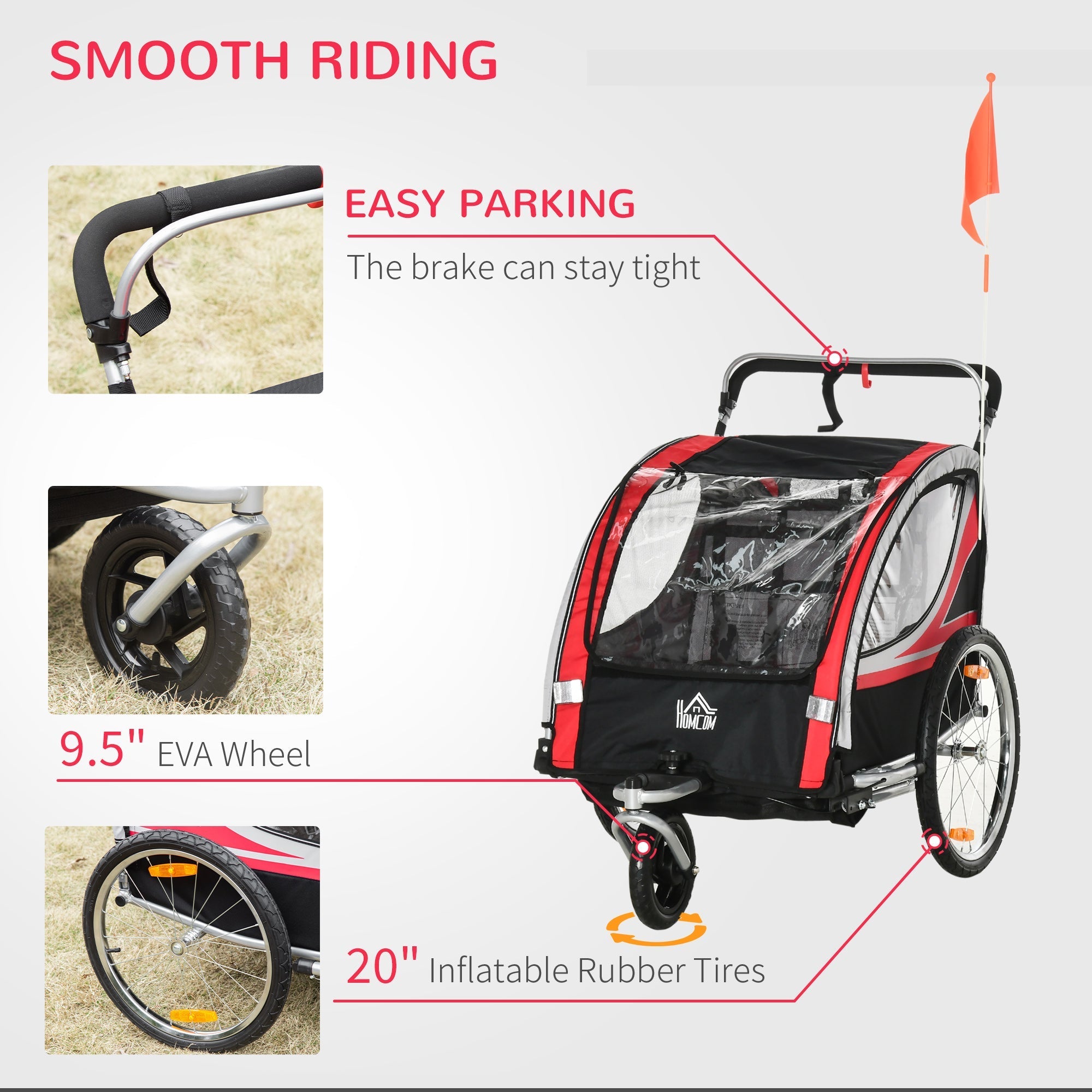 2-in-1 Bike Trailer for Kids 2 Seater, Baby Stroller with Brake, Storage Bag, Safety Flag, Reflectors &; 5 Point Harness, Red Kids Bike Trailers   at Gallery Canada