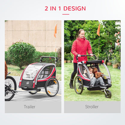 2-in-1 Bike Trailer for Kids 2 Seater, Baby Stroller with Brake, Storage Bag, Safety Flag, Reflectors &; 5 Point Harness, Red Kids Bike Trailers   at Gallery Canada