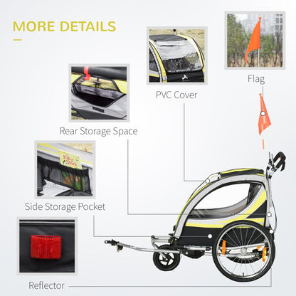 2-in-1 Bike Trailer for Kids 2 Seater, Baby Stroller with Brake, Storage Bag, Safety Flag, Reflectors &; 5 Point Harness, Yellow Kids Bike Trailers   at Gallery Canada