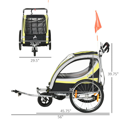 2-in-1 Bike Trailer for Kids 2 Seater, Baby Stroller with Brake, Storage Bag, Safety Flag, Reflectors &; 5 Point Harness, Yellow Kids Bike Trailers   at Gallery Canada