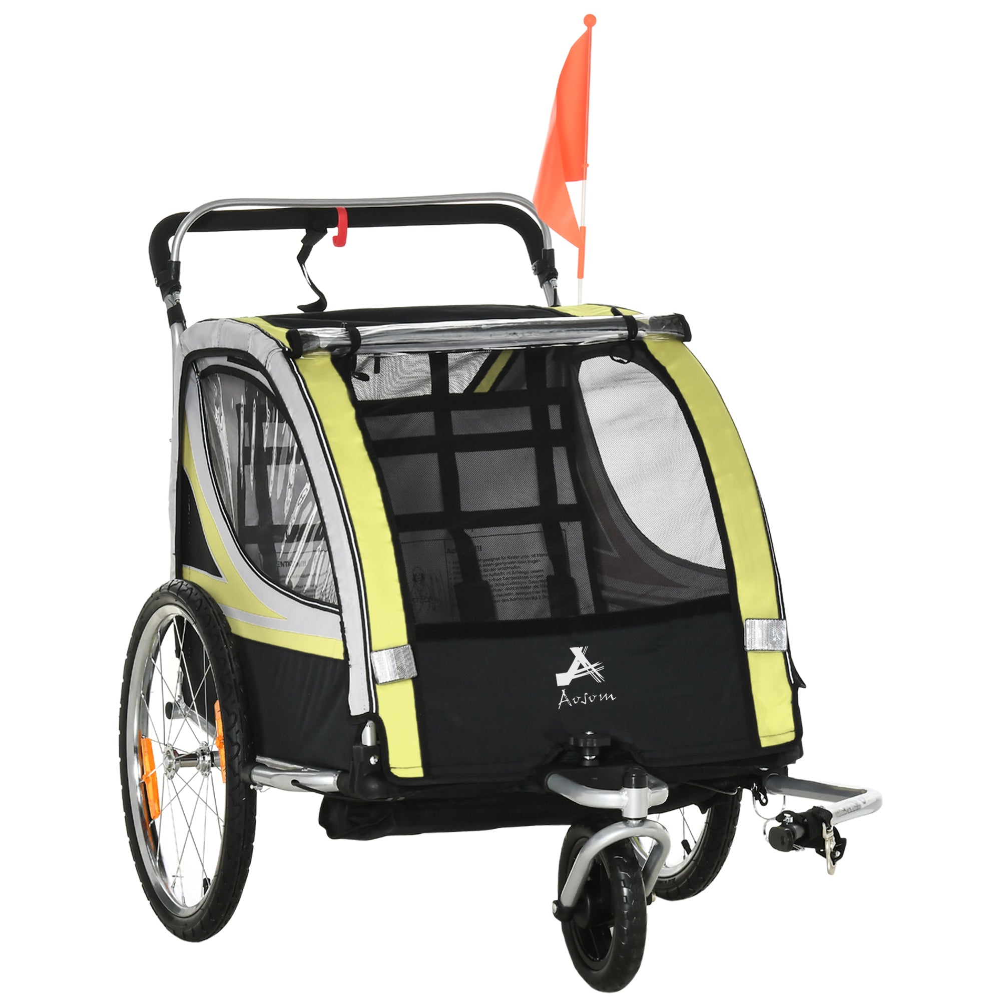 2-in-1 Bike Trailer for Kids 2 Seater, Baby Stroller with Brake, Storage Bag, Safety Flag, Reflectors &; 5 Point Harness, Yellow Kids Bike Trailers Yellow  at Gallery Canada