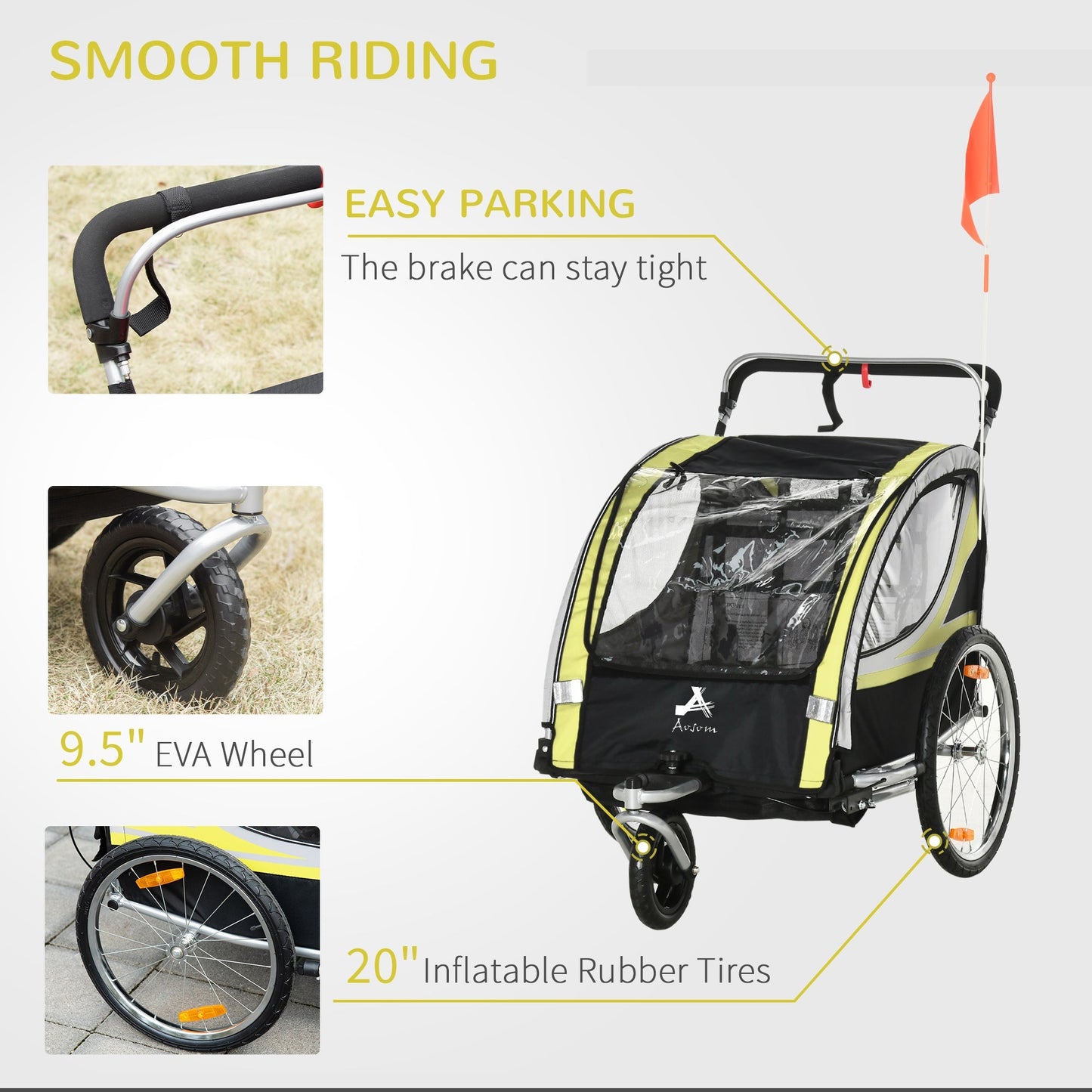 2-in-1 Bike Trailer for Kids 2 Seater, Baby Stroller with Brake, Storage Bag, Safety Flag, Reflectors &; 5 Point Harness, Yellow Kids Bike Trailers   at Gallery Canada