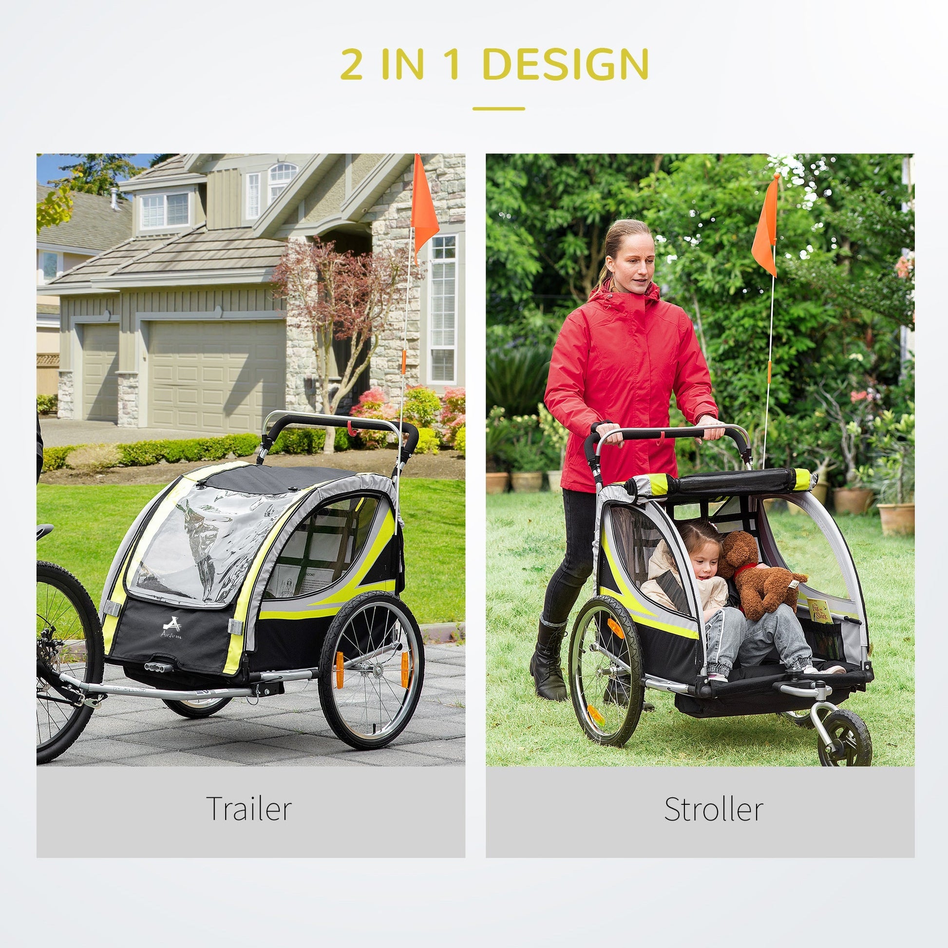 2-in-1 Bike Trailer for Kids 2 Seater, Baby Stroller with Brake, Storage Bag, Safety Flag, Reflectors &; 5 Point Harness, Yellow Kids Bike Trailers   at Gallery Canada