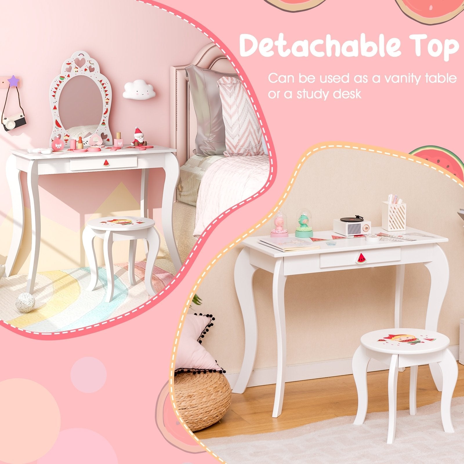 2 in 1 Children Pretend Makeup Vanity Set with Removable Mirror and Storage Drawer, White Kids Vanities   at Gallery Canada