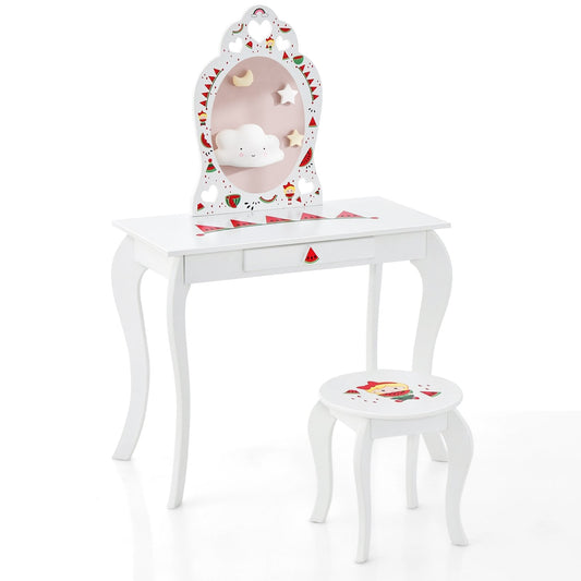 2 in 1 Children Pretend Makeup Vanity Set with Removable Mirror and Storage Drawer, White Kids Vanities   at Gallery Canada