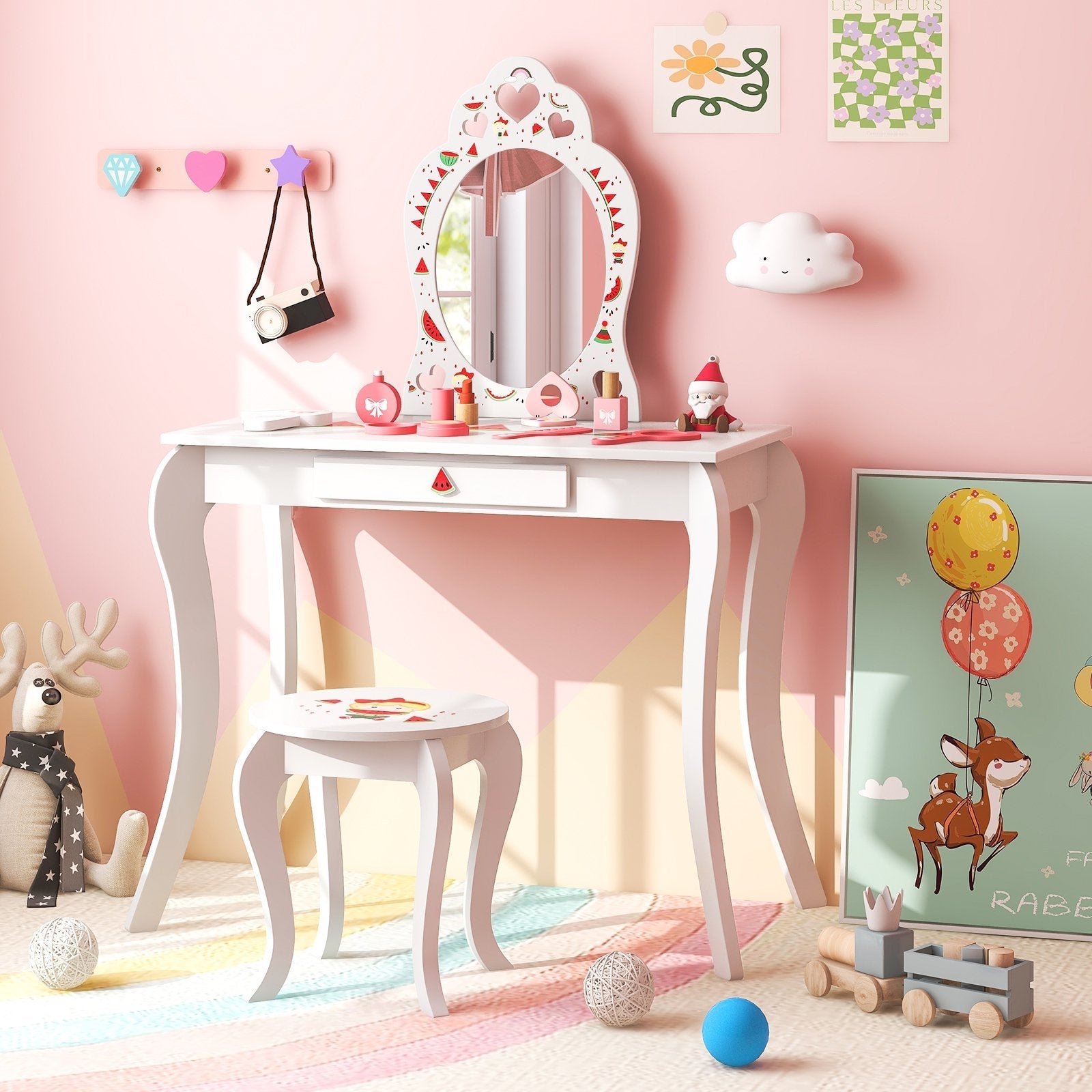 2 in 1 Children Pretend Makeup Vanity Set with Removable Mirror and Storage Drawer, White Kids Vanities   at Gallery Canada