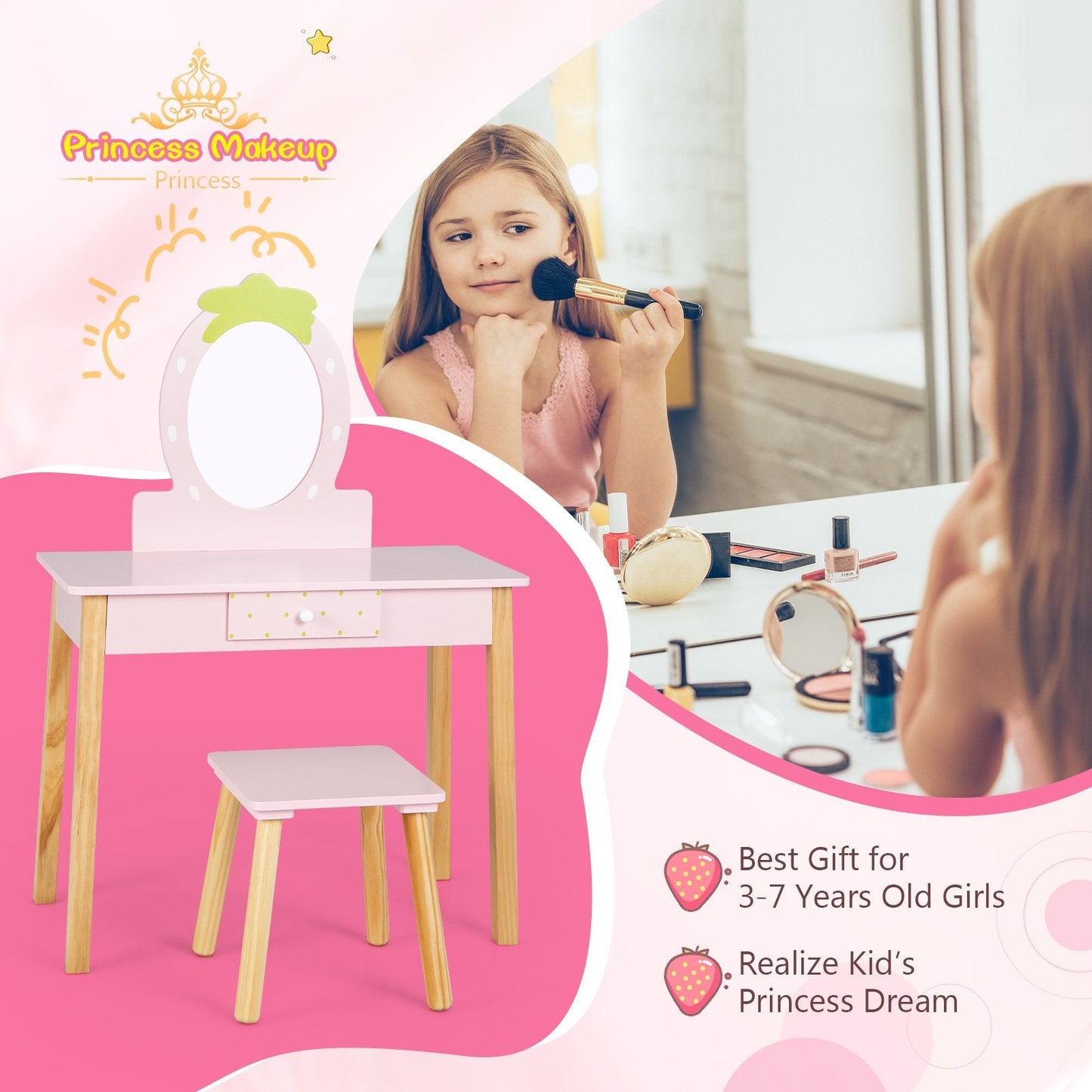 2-in-1 Children Vanity Table Stool Set with Mirror, Pink Kids Vanities   at Gallery Canada