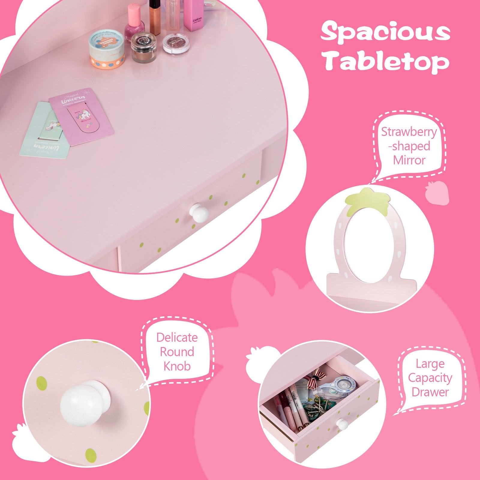 2-in-1 Children Vanity Table Stool Set with Mirror, Pink Kids Vanities   at Gallery Canada