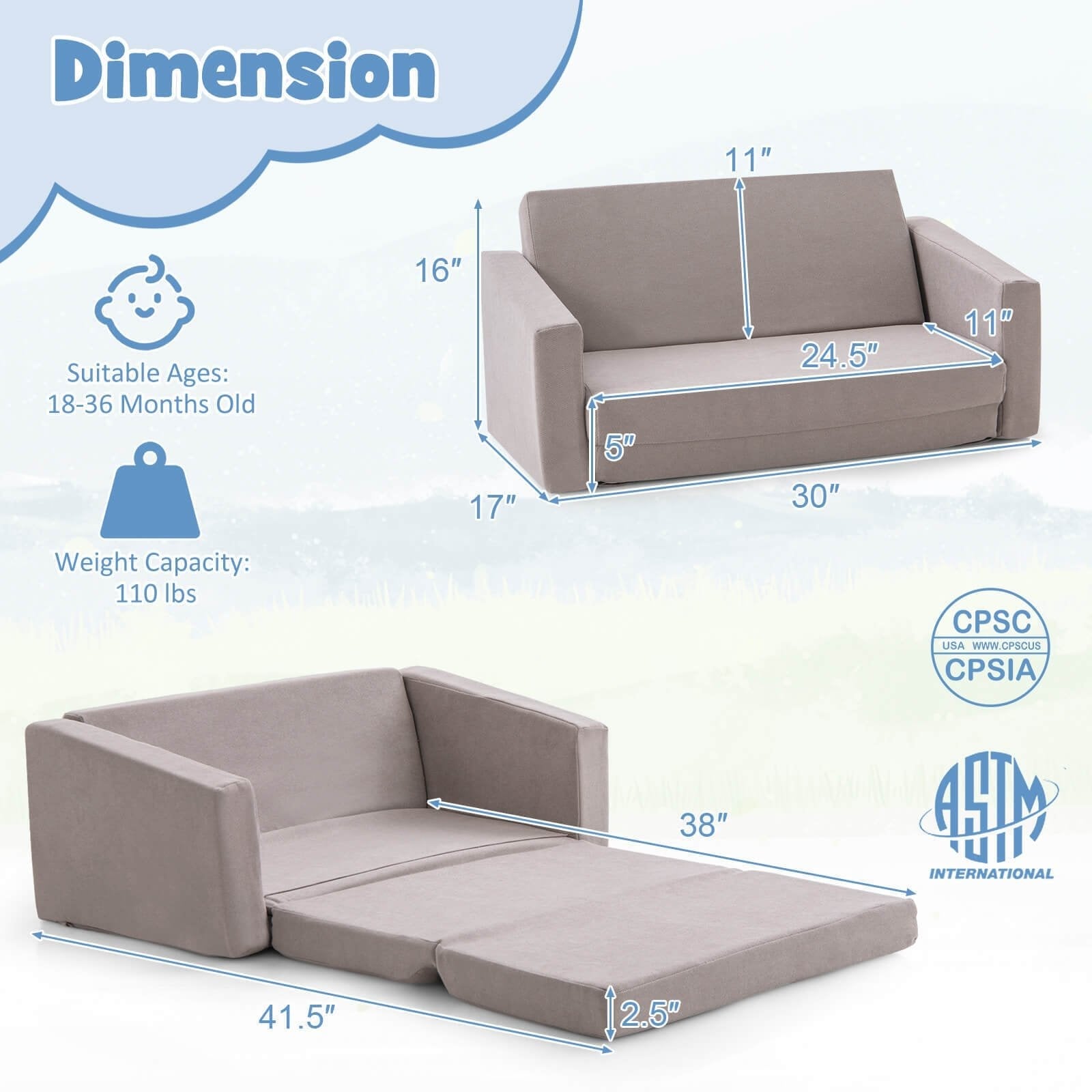 2-in-1 Children’s Convertible Sofa to Lounger-L, Gray Kids Chairs & Seating   at Gallery Canada