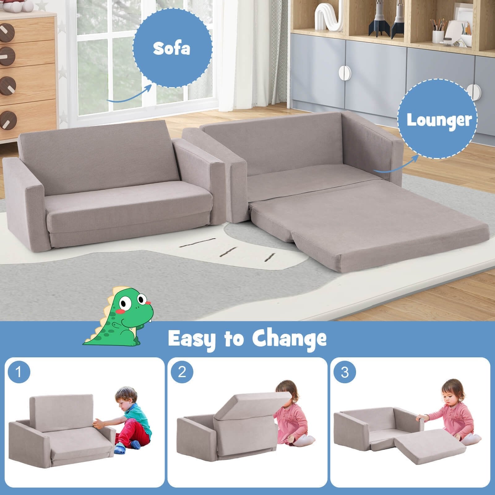 2-in-1 Children’s Convertible Sofa to Lounger-L, Gray Kids Chairs & Seating   at Gallery Canada