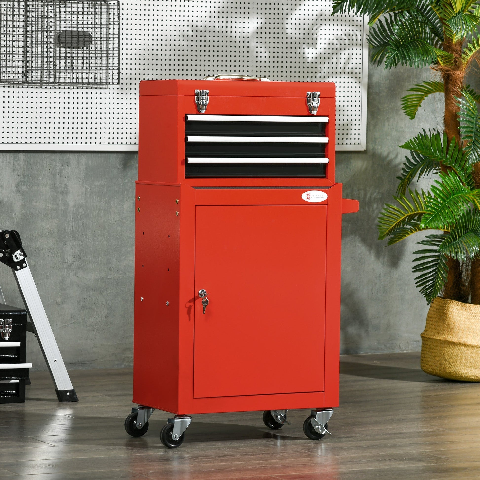 2 In 1 Detachable Tool Box and Tool Cabinet, 3-Drawer Rolling Tool Chest Cabinet on Wheels with Lock and 2 Keys, Red Tool Organizers   at Gallery Canada