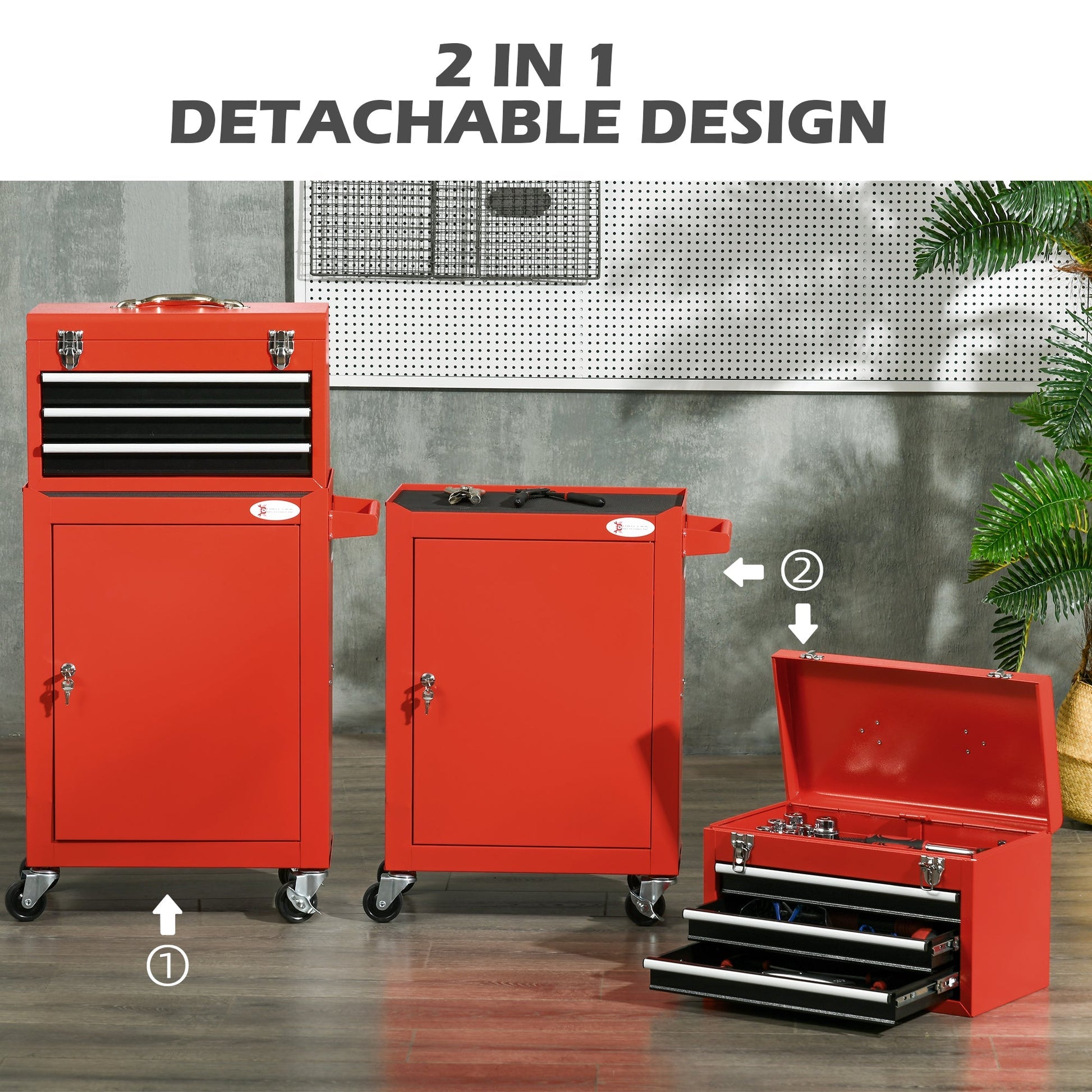 2 In 1 Detachable Tool Box and Tool Cabinet, 3-Drawer Rolling Tool Chest Cabinet on Wheels with Lock and 2 Keys, Red Tool Organizers   at Gallery Canada