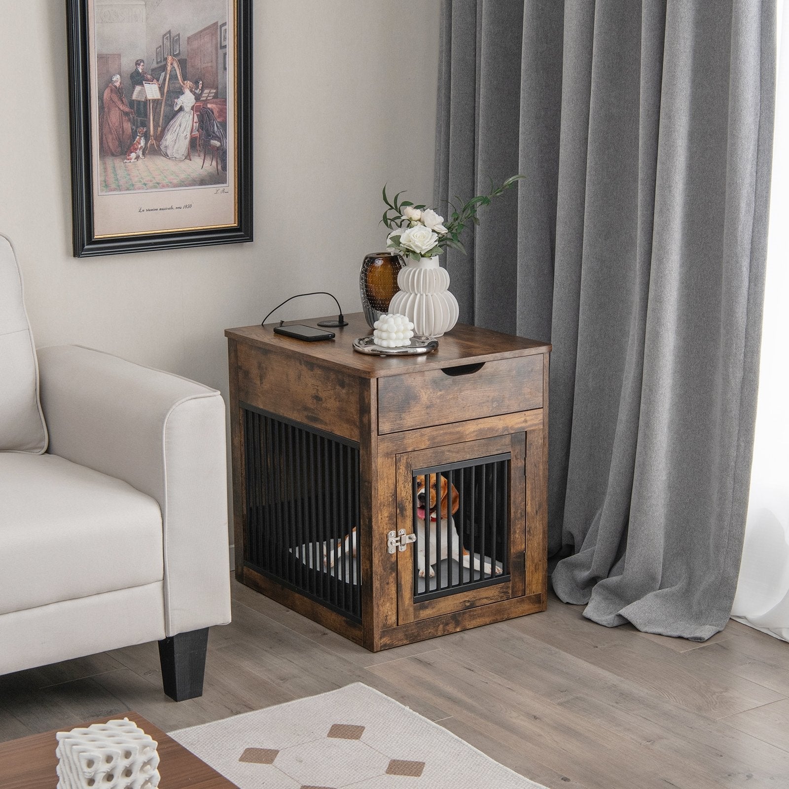 2-In-1 Dog House with Drawer and Wired Wireless Charging, Rustic Brown Dog Supplies   at Gallery Canada