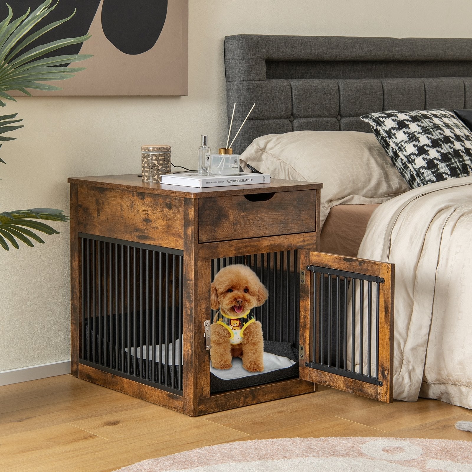 2-In-1 Dog House with Drawer and Wired Wireless Charging, Rustic Brown Dog Supplies   at Gallery Canada