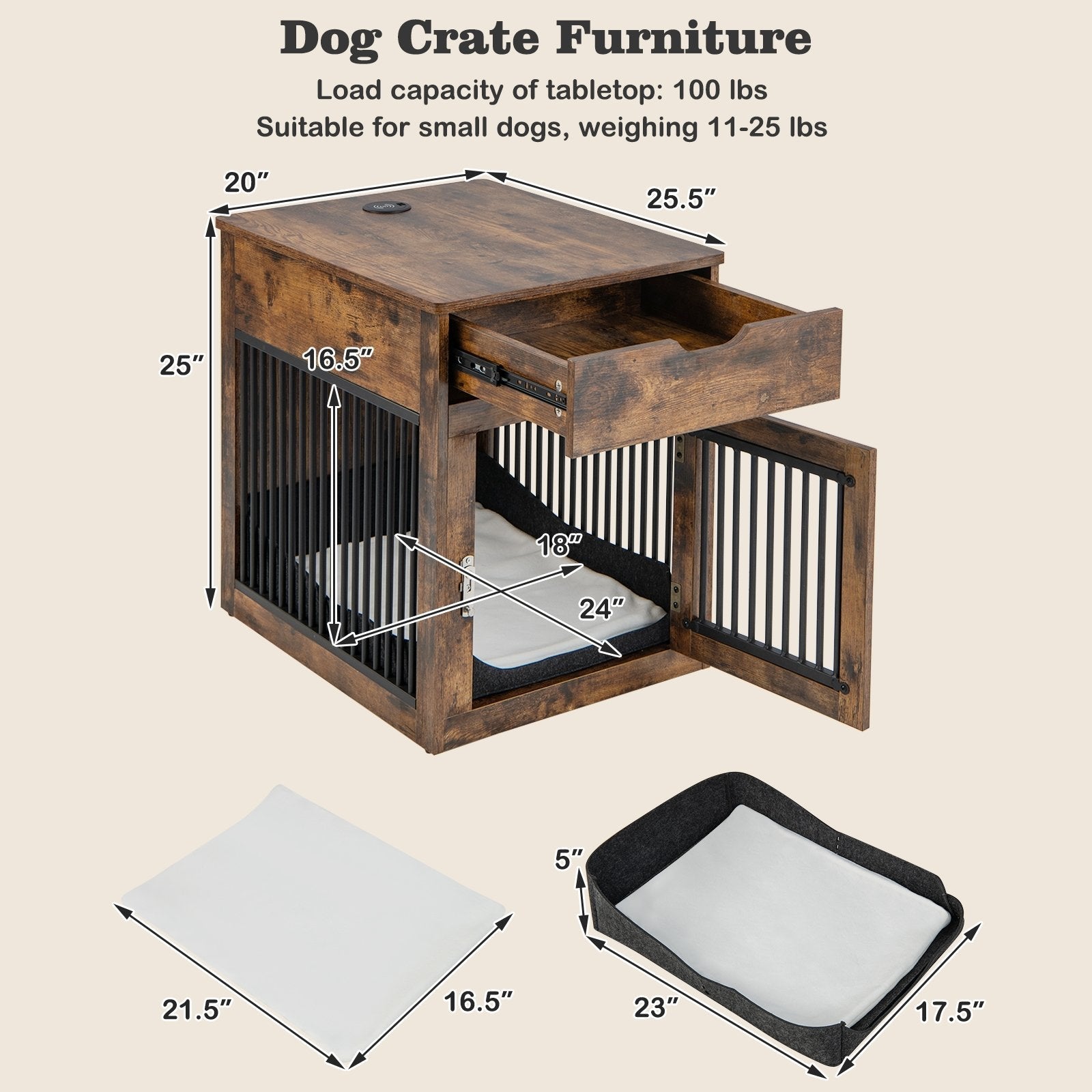 2-In-1 Dog House with Drawer and Wired Wireless Charging, Rustic Brown Dog Supplies   at Gallery Canada