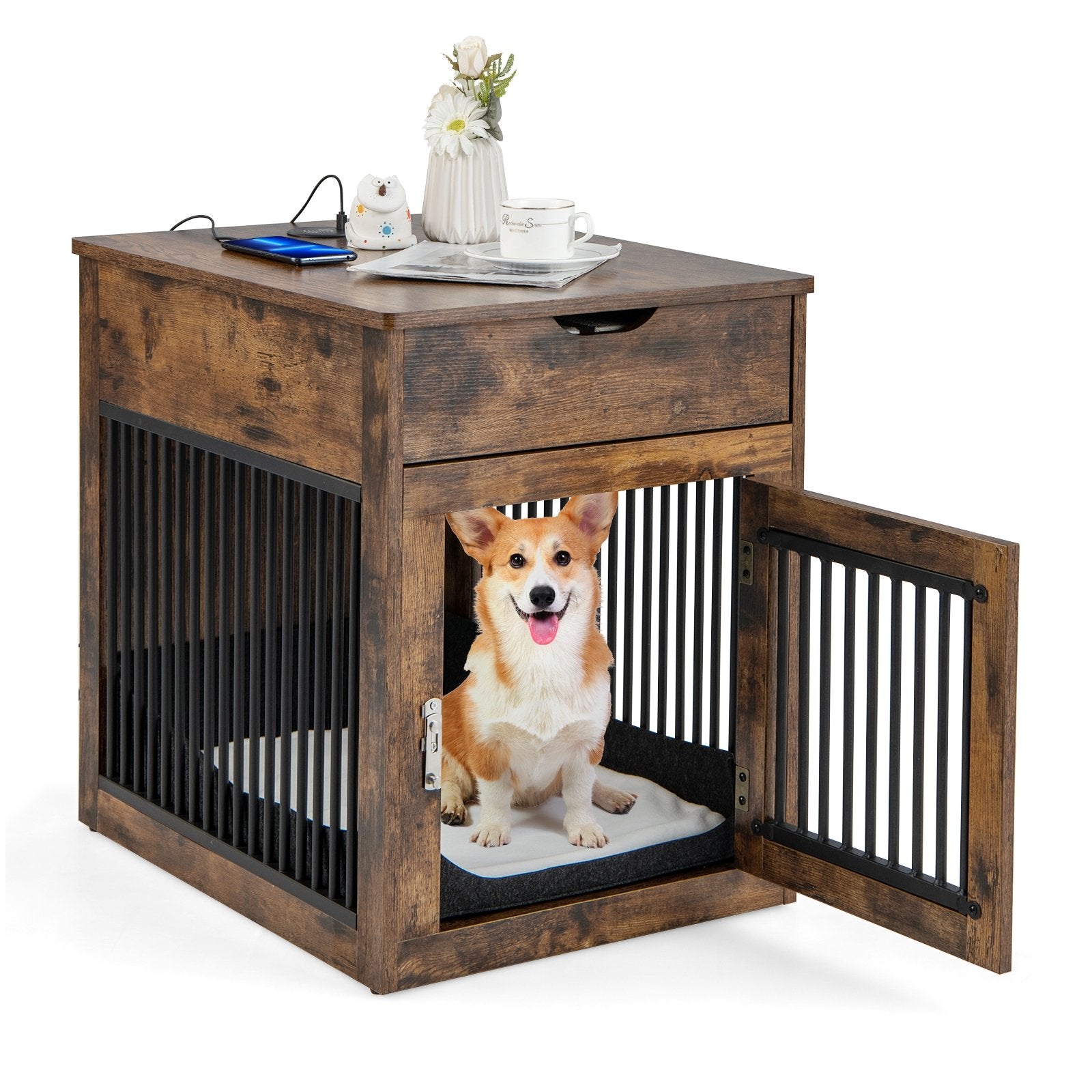 2-In-1 Dog House with Drawer and Wired Wireless Charging, Rustic Brown Dog Supplies   at Gallery Canada