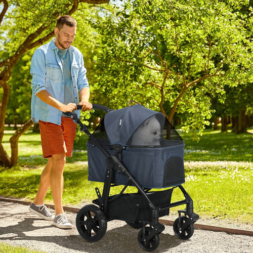 2 in 1 Dog Stroller with Detachable Carriage Bag, Adjustable Canopy, Safety Leashes, Storage Basket for S Dogs, Blue