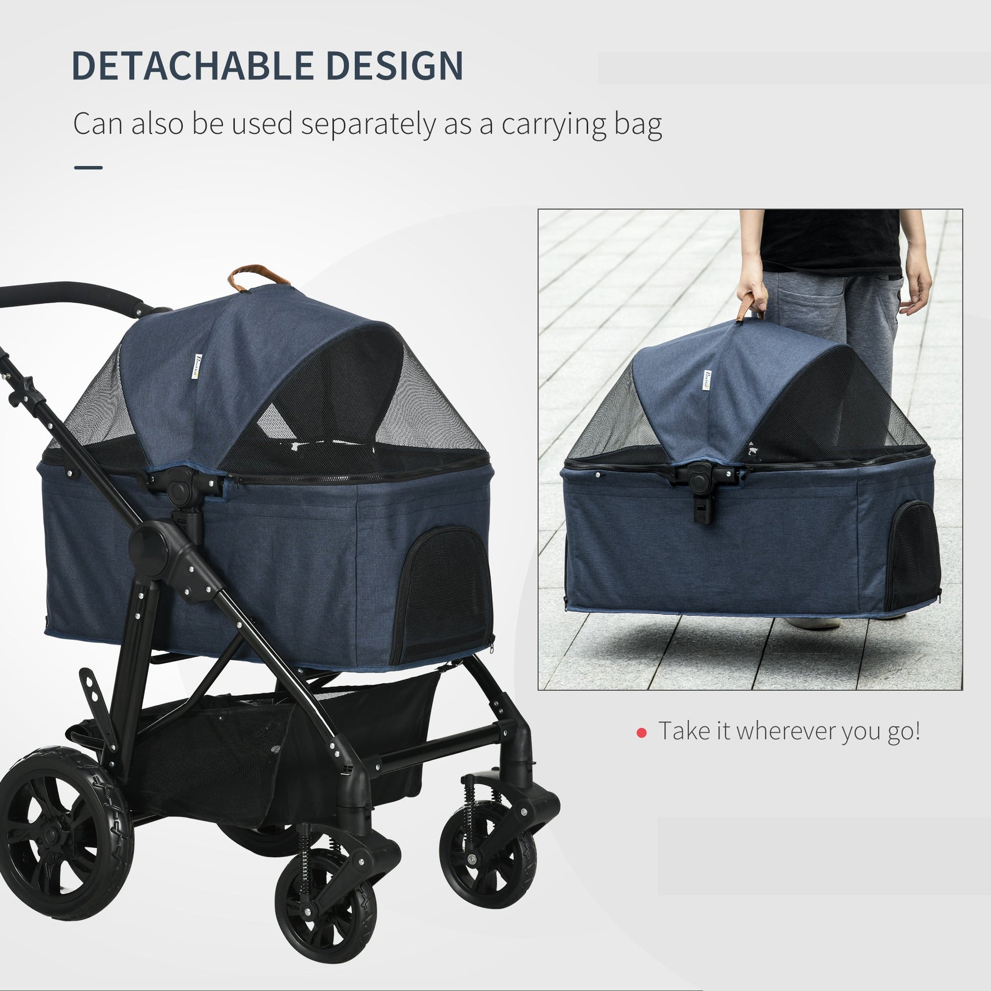 2 in 1 Dog Stroller with Detachable Carriage Bag, Adjustable Canopy, Safety Leashes, Storage Basket for S Dogs, Blue Dog Bike Trailers & Strollers   at Gallery Canada