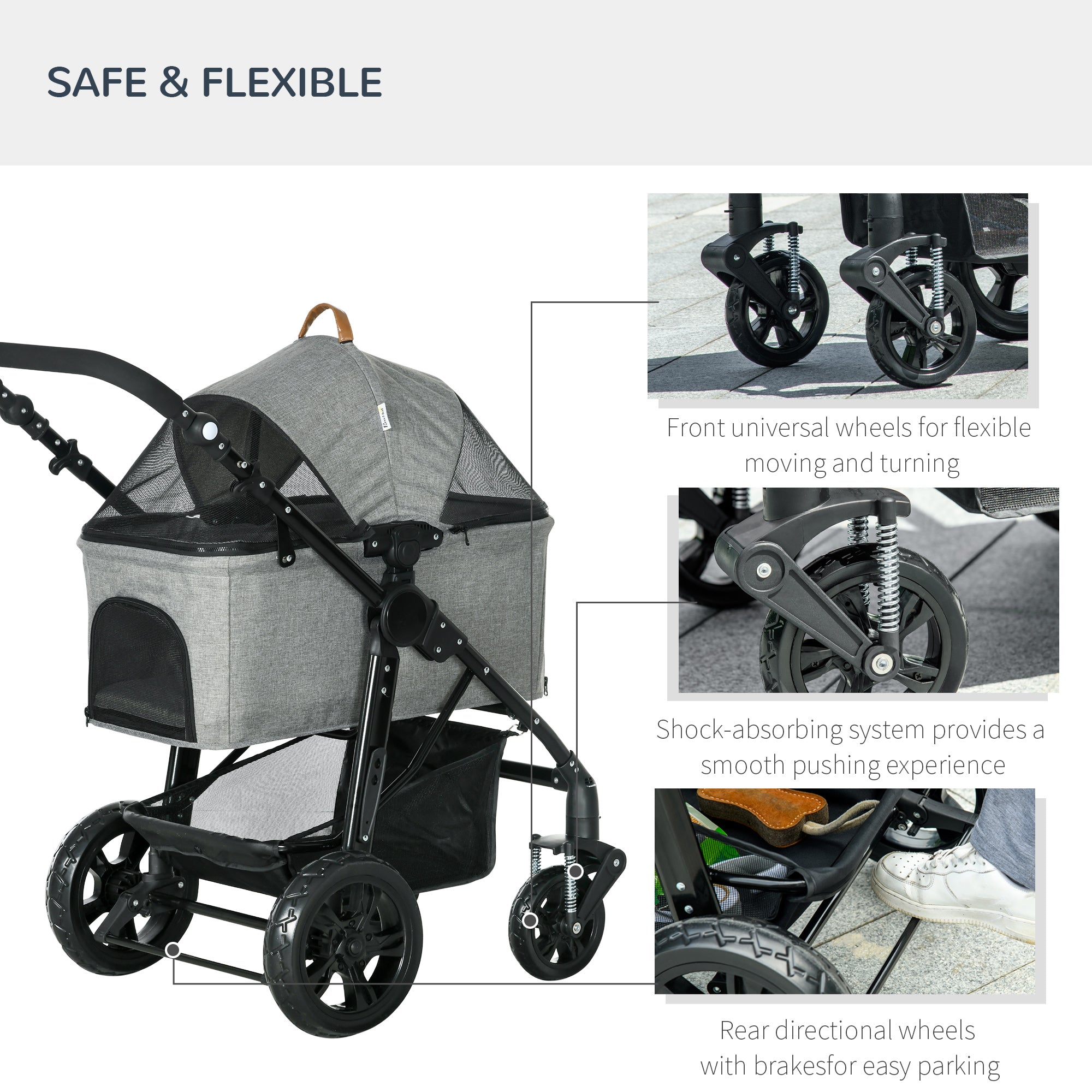 2 in 1 Dog Stroller with Detachable Carriage Bag, Adjustable Canopy, Safety Leashes, Storage Basket for S Dogs, Grey Dog Bike Trailers & Strollers   at Gallery Canada