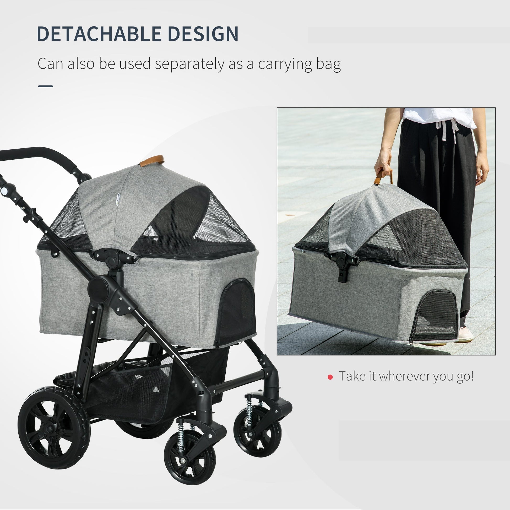 2 in 1 Dog Stroller with Detachable Carriage Bag, Adjustable Canopy, Safety Leashes, Storage Basket for S Dogs, Grey Dog Bike Trailers & Strollers   at Gallery Canada