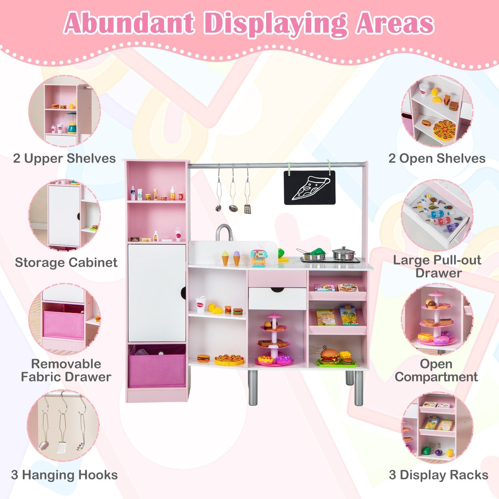 2-in-1 Double-sided Kids Kitchen and Market with Realistic Light and Sound, Pink Play Kitchen Sets   at Gallery Canada