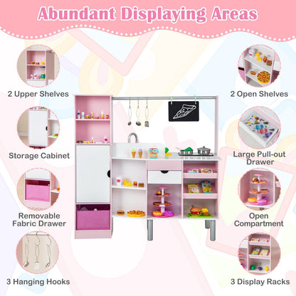 2-in-1 Double-sided Kids Kitchen and Market with Realistic Light and Sound, Pink Play Kitchen Sets   at Gallery Canada