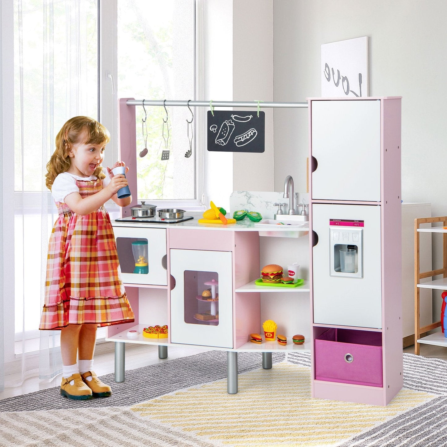 2-in-1 Double-sided Kids Kitchen and Market with Realistic Light and Sound, Pink Play Kitchen Sets   at Gallery Canada