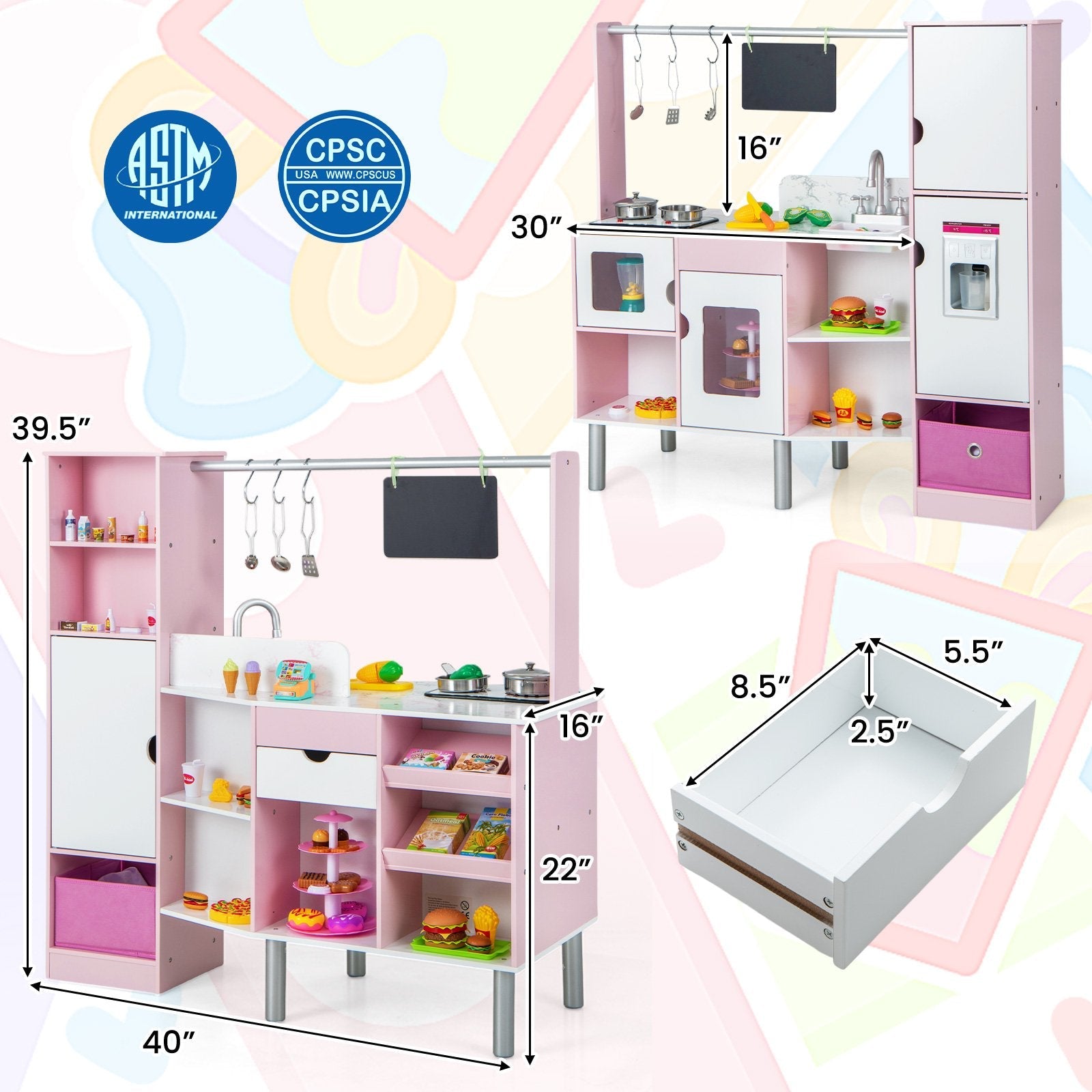 2-in-1 Double-sided Kids Kitchen and Market with Realistic Light and Sound, Pink Play Kitchen Sets   at Gallery Canada