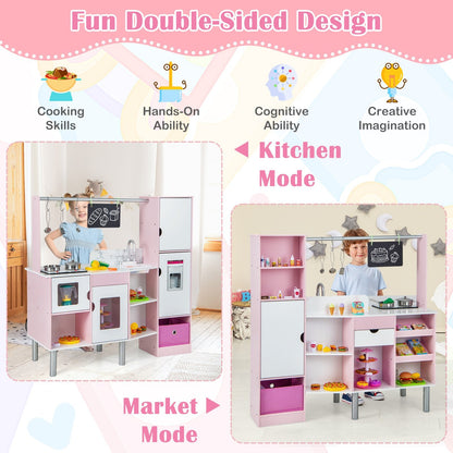 2-in-1 Double-sided Kids Kitchen and Market with Realistic Light and Sound, Pink Play Kitchen Sets   at Gallery Canada