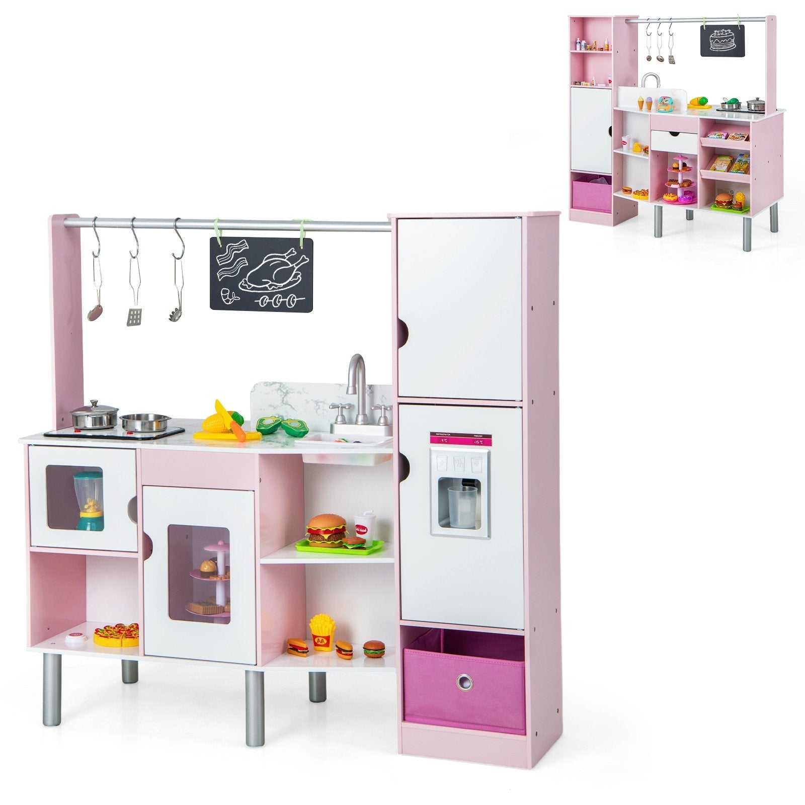 2-in-1 Double-sided Kids Kitchen and Market with Realistic Light and Sound, Pink Play Kitchen Sets   at Gallery Canada