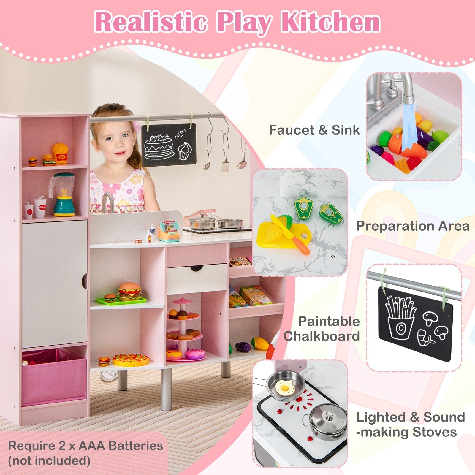 2-in-1 Double-sided Kids Kitchen and Market with Realistic Light and Sound, Pink Play Kitchen Sets   at Gallery Canada